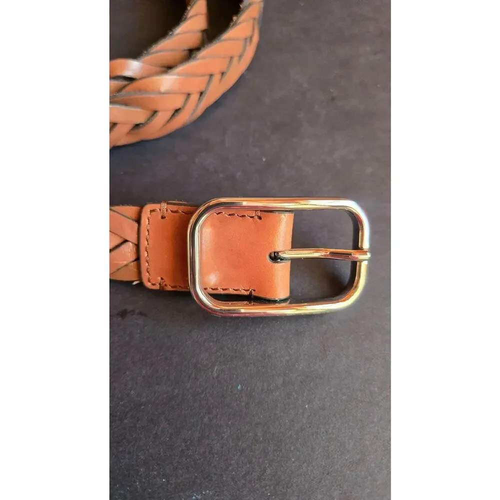 Michael Kors Belt Mens Size 45 Brown Leather Braided Woven Silver Buckle